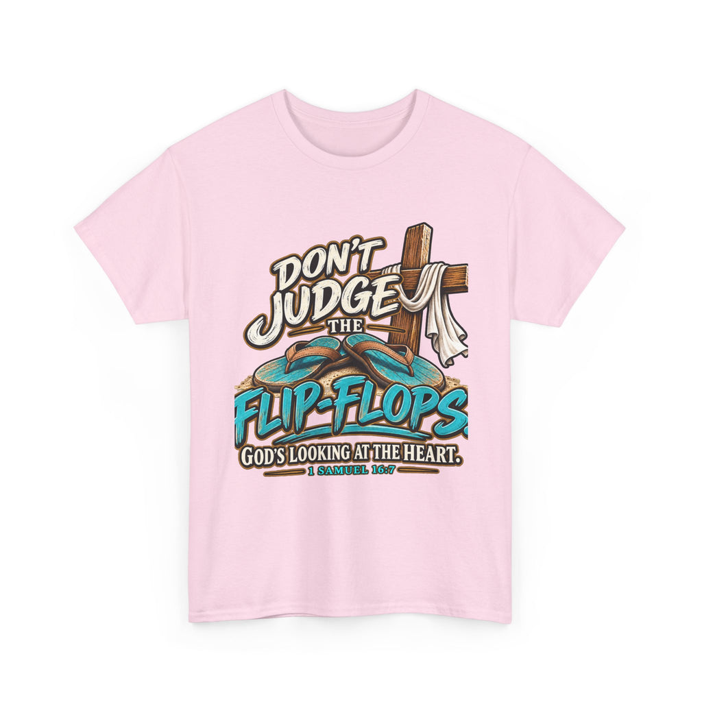 Christian Flip-Flop T-Shirt — "Don't Judge the Flip-Flops" Faith Graphic Tee